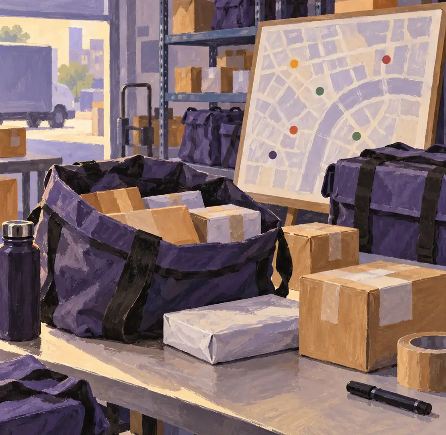 Illustration of courier businesses equipment and workspace